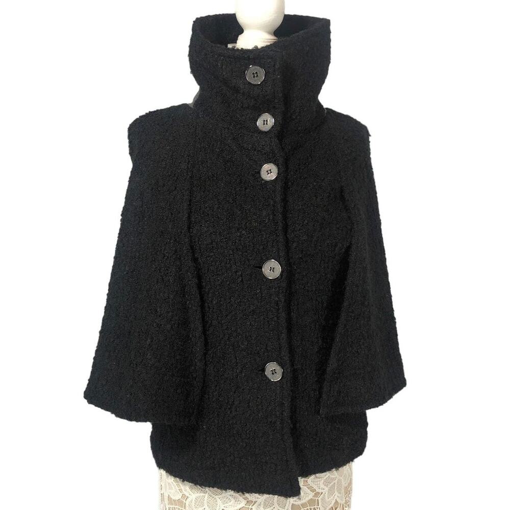 Maeva wool blend style boucle coat cape with stand high neck in black size small